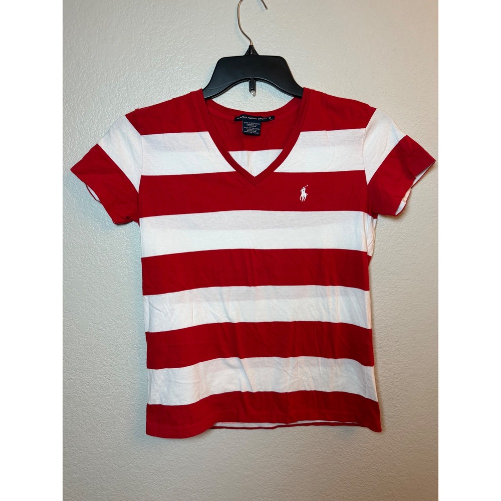 Ralph Lauren Sport Women's Red & White Horizontal Stripe V-Neck Tee - Medium VTG